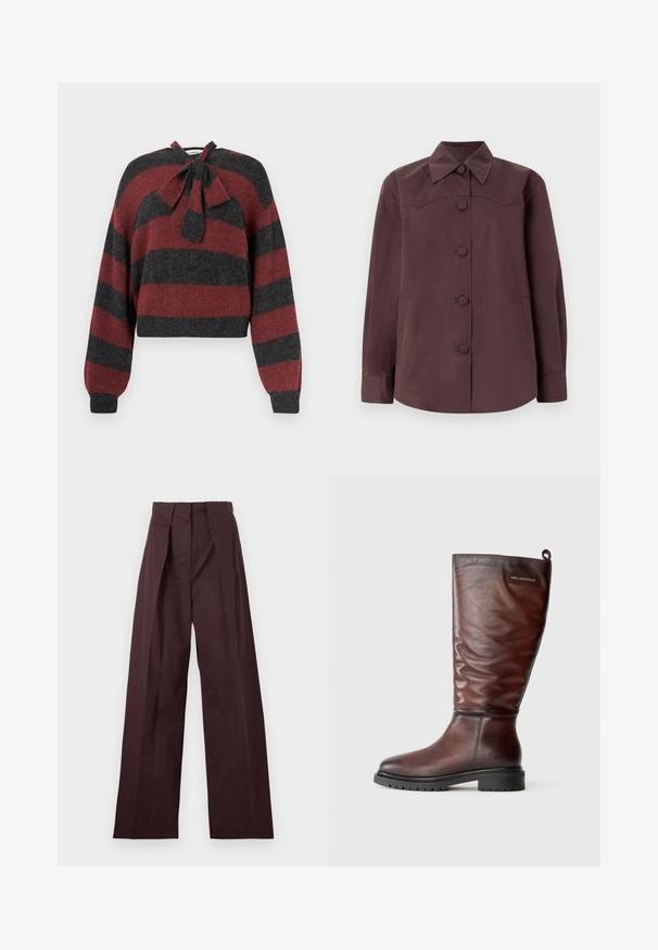 Afskåret sweater med røde og mørkegrå vandrette striber, lavet af blødt materiale, med en butterflydetalje ved halsudskæringen og ribbede manchetter.; Mørkebrun langærmet skjortejakke med spids krave og fem dækkede knapper ned foran på en lys baggrund.; Højtaljede, mørkebrune, skræddersyede bukser med vide ben og forreste plisseringer, vist fladt på en lys baggrund.; Brune læderknæhøje støvler med et let slouch-design, rund tå og en tykk, struktureret sort gummisål. Har logo-patch.