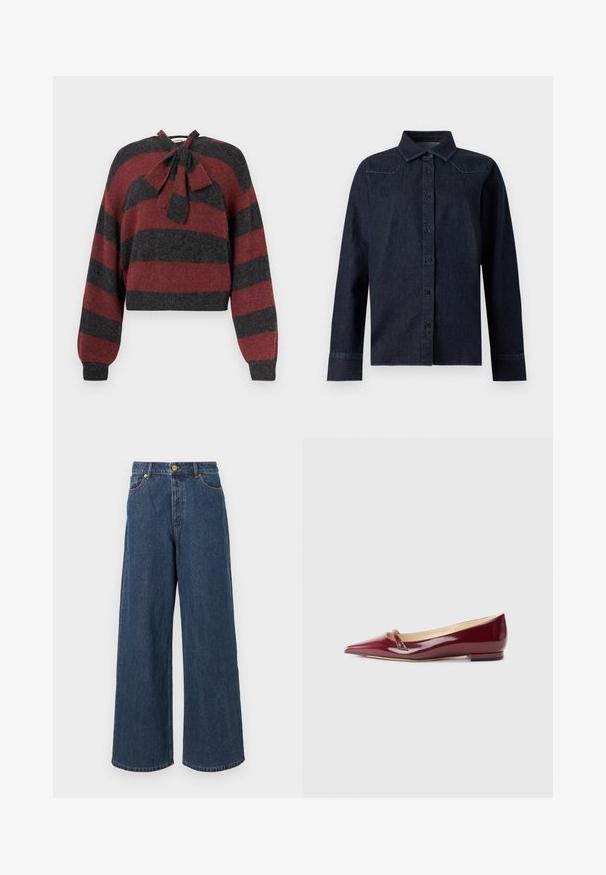 Afskåret sweater med røde og mørkegrå vandrette striber, lavet af blødt materiale, med en butterflydetalje ved halsudskæringen og ribbede manchetter.; Mørkeblå denimskjorte med lange ærmer, knapper foran, spids krave og enkle syningsdetaljer på skuldre og manchetter.; Bredde denimjeans i mørkeblå med høj talje, frontlukning med knap og klassisk fem-lomme design med subtile syninger.; Bordeaux patenteret læderballerinaer med spids tå, der har en lille udskæring og en lav hæl. Glat tekstur og elegant design.