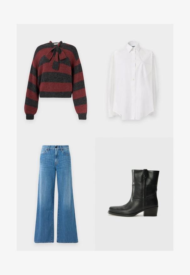 Afskåret sweater med røde og mørkegrå vandrette striber, lavet af blødt materiale, med en butterflydetalje ved halsudskæringen og ribbede manchetter.; Hvid langærmet skjorte i letvævet stof med klassisk krave, knaplukning og hjerteformet lomme på venstre side.; Blå højtaljede denim jeans med bred benudskæring, frontknap, lynlåslukning og for- samt baglommer.; Sort læder ankelstøvle med rundt tå, blokhæl, lynlås i siden og stikninger på vampsiden. Glat tekstur, klassisk design.