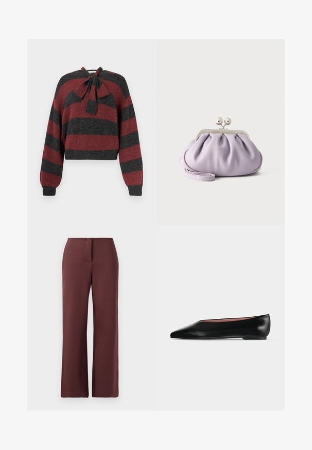 Pull court avec des rayures horizontales rouges et gris foncé, en matériau doux, avec un détail de nœud à l'encolure et des poignets côtelés.; Pantalons larges bourgogne en tissu lisse, dotés d'une fermeture éclair, d'un ajustement sur mesure et de lignes épurées pour un aspect structuré.; Chaussure plate en cuir noir pour femme, avec bout pointu et petit talon, vue de côté sur un fond gris clair uni.; Pochette lavande douce avec tissu froncé, fermoir kiss-lock argenté et bracelet assorti sur un fond clair uni.