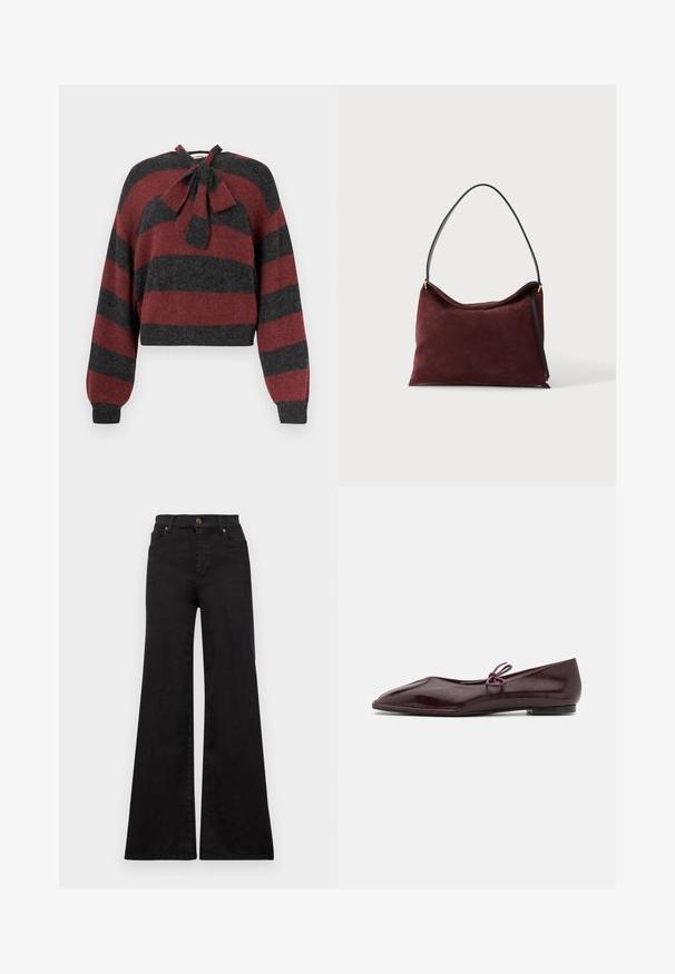Afskåret sweater med røde og mørkegrå vandrette striber, lavet af blødt materiale, med en butterflydetalje ved halsudskæringen og ribbede manchetter.; Sorte flared jeans lavet af denim med høj talje, med forlommer og metaldele på knappen og nitterne.; Ballethæle i bordeaux laklæder med spids tå og en dekorativ lilla sløjfe på forfoden; flad såldesign.; Blød vinrød ruskindstaske med sort skulderrem og guldfarvede metaldele, vist på hvid baggrund.