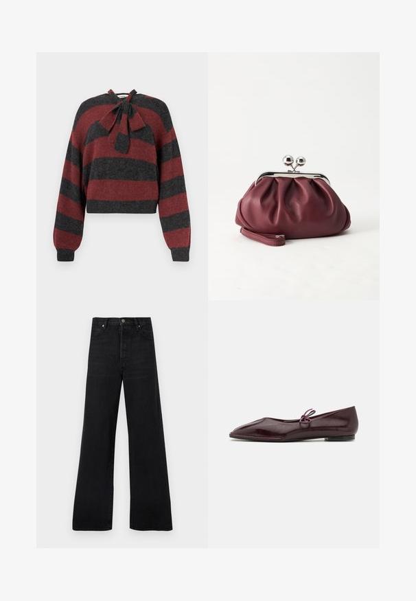 Pull court avec des rayures horizontales rouges et gris foncé, en matériau doux, avec un détail de nœud à l'encolure et des poignets côtelés.; Jean noir à jambes larges en denim, avec une taille haute, un design à cinq poches et une fermeture par bouton, présentant une texture légèrement délavée.; Ballerines en cuir verni bordeaux avec un bout pointu et un nœud décoratif violet sur le cou-de-pied ; design à semelle plate.; Petit sac pochette en cuir bordeaux avec fermoir métallique argenté et bracelet sur fond blanc.