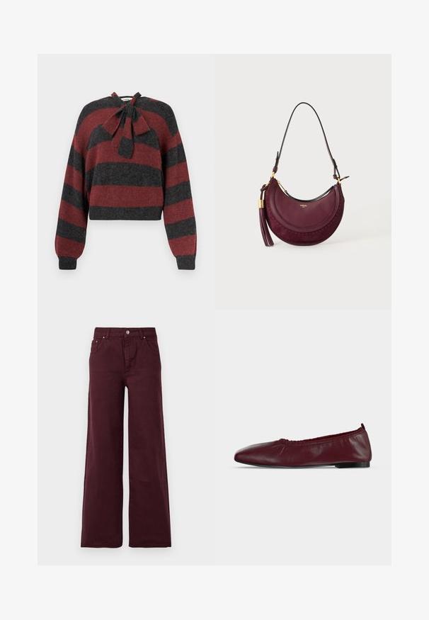 Afskåret sweater med røde og mørkegrå vandrette striber, lavet af blødt materiale, med en butterflydetalje ved halsudskæringen og ribbede manchetter.; Bordeaux vide bukser med høj talje, metal knaplukning, forlommer og et glat, let tekstureret stof.; Bourgogne læder balletflad sko med samlet elastisk topkant og tynd sort sål på hvid baggrund.; Vinrød håndtaske i halvmåneform med skulderrem, guldfarvet hardware, stor sidelængde-dusk og lille "Lancel Paris" logo foran.