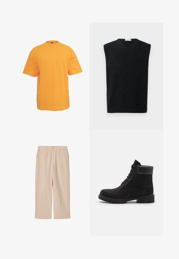 Sort ærmeløs V-hals sweater lavet af blødt materiale, med en ren, simpel skæring uden yderligere accenter eller mønstre.; Orange bomulds t-shirt med rund halsudskæring, korte ærmer og en afslappet pasform. Ingen mønstre eller detaljer. Glat tekstur.; Beige teksturerede vidde bukser med sidelommer, bæltestropper og enkelt knaplukning i taljen.; Sorte snørebåndsstøvler til anklen med polstret krave og robust sål, vist i profil mod en hvid baggrund.