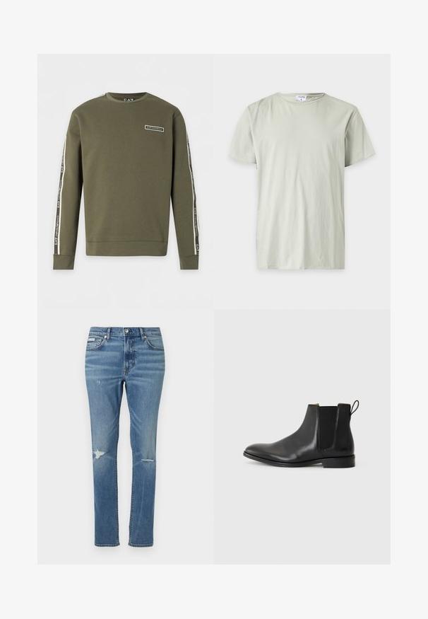 Olivovo zelená mikina s dlhým rukávom s logom EA7 Emporio Armani na hrudi a značkovými pásikmi vedúcimi pozdĺž oboch rukávov.; Jednofarebné svetlosivé tričko s krátkym rukávom a okrúhlym výstrihom s viditeľnou bielou štítkou vo vnútri goliera na bielom pozadí.; Svetlo modré denimové džínsy so strihom rovného nohavicu, obsahujúce obnošené detaily na kolenách a klasické pät pockets.; JOOP! PERO KLEITOS CHELSEA - Klasické členkové čižmy - black