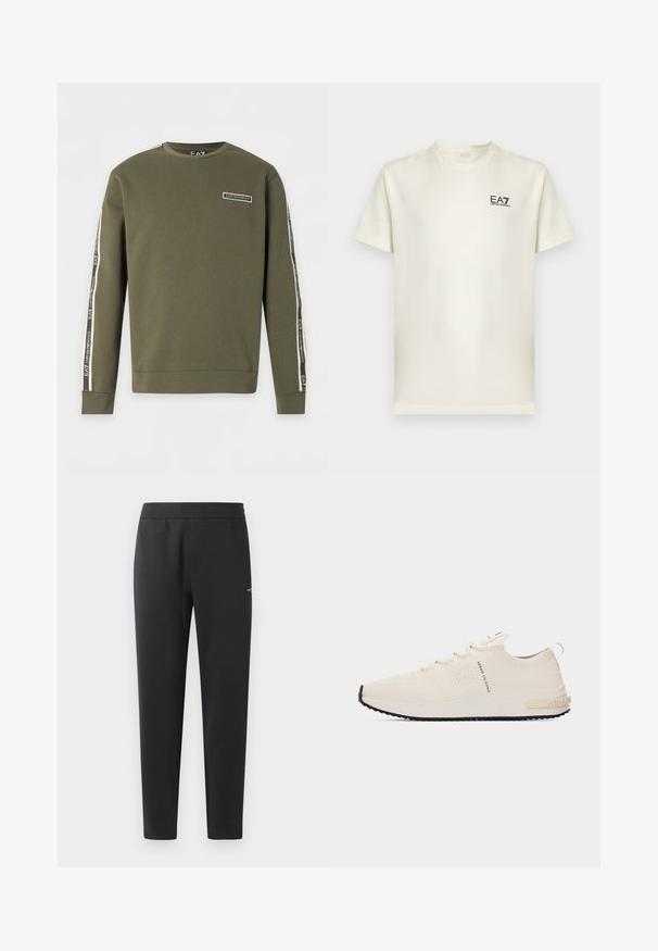 Oliivinvihreä pitkähihaisia collegepaita, jossa EA7 Emporio Armani -logo rinnassa ja brändätyt raidat molemmissa hihoissa.; Valkoinen lyhythihainen t-paita pyöreällä pääntiellä, jossa vasemmassa rinnassa pieni musta "EA7 Emporio Armani" -logo.; Mustat verkkarit, jotka on valmistettu pehmeästä kankaasta. Niissä on joustava vyötärö, suorat lahkeet ja pieni logo-yksityiskohta sivulla.; Valkoinen neulottu matala tennari, jossa edessä nyöritys, musta pohja ja "Armani Exchange" -teksti sivussa sekä kantapäässä.