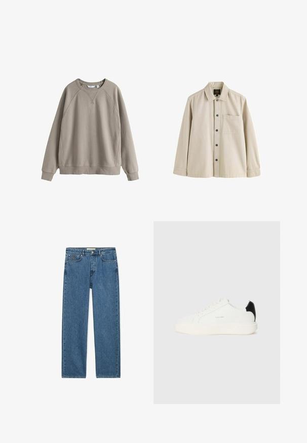 Lysebrun crewneck sweatshirt med lange raglanærmer, ribstrikkede manchetter og kant, vist mod en hvid baggrund.; Beige langærmet skjorte med knapper, krave og en brystlomme, lavet af et robust stof.; Blå denim jeans med lige ben, fem lommer, knaplukning og bæltestropper, vist fladt på en hvid baggrund.; Hvide lædersneakers med en sort accent på hælen, rund tå, flade snørebånd og en tyk hvid sål. Calvin Klein-logoet vises.