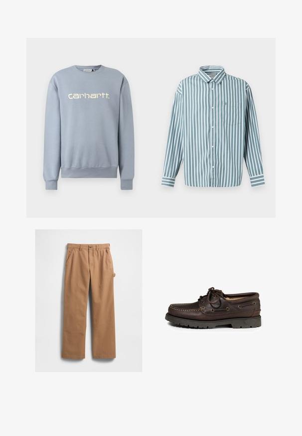 Lyseblå Carhartt crewneck-sweatshirt med lange ærmer og ribkant ved manchetter og kant, med hvidt broderet mærkenavn på brystet.; Lyseblå og hvid stribet skjorte med knaplukning, lange ærmer, krave og en brystlomme. Fremstillet af et glat, vævet stof.; Lysebrune bomuldsbukser med et lige ben-design, der har sidelommer og en sidelomme til værktøj. Stoffets tekstur er glat og robust.; Brune læder bådsko med rund tå, stiksøm detaljer og metaløjer til snørebånd. Gummisål med mønster.