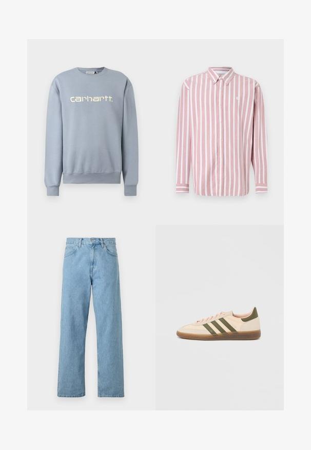 Sweatshirt Carhartt bleu clair à col rond, manches longues avec poignets et ourlet côtelés, arborant le nom de la marque brodé en blanc sur la poitrine.; Chemise à boutons rayée rose et blanche. Comprend un col, des manches longues et un petit logo. Fabriquée en tissu tissé.; Jeans en denim bleu clair avec une coupe droite, cinq poches, fermeture par bouton et fermeture éclair, et une finition légèrement délavée.; Baskets beige discrètes Adidas Spezial avec des bandes vertes, une semelle en caoutchouc et le logo "SPEZIAL" sur le côté, vues de l'extérieur.