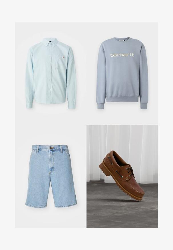 Lichtblauwe Carhartt crewneck trui met lange mouwen en geribbelde boorden en zoom, met witte geborduurde merknaam op de borst.; Lichtblauw overhemd met lange mouwen en knoopsluiting, met een geknoopte kraag en borstzak die voorzien is van een klein rood-wit logo patch.; Lichtblauwe denim shorts met een relaxte pasvorm, voorzien van een ritssluiting, knoopsluiting en vier zakken. De stof heeft een zachte textuur.; Bruine leren bootschoen met zwarte veters, beige stiksel en een robuuste zool, zwevend boven een grijze betonnen vloer.