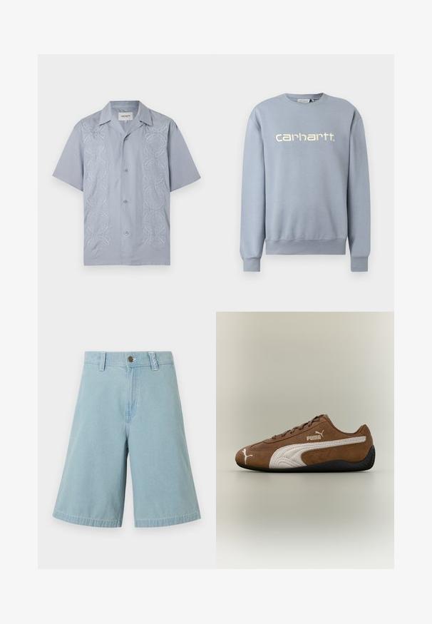 Ανοιχτό μπλε φούτερ Carhartt με στρογγυλή λαιμόκοψη, μακριά μανίκια και ριμπ μανσέτες και τελείωμα, με το λευκό κεντημένο όνομα της μάρκας στο στήθος.; Ανοιχτό μπλε κοντομάνικο πουκάμισο με κουμπιά και δύο κάθετες σειρές λευκών κεντημένων αφηρημένων στροβίλων στις μπροστινές πλευρές.; Ανοιχτό μπλε τζιν σορτς μέχρι το γόνατο με κλείσιμο με κουμπί και φερμουάρ, θηλιές για ζώνη και φαρδιά πόδια σε απλό λευκό φόντο.; Καφέ σουέτ αθλητικό παπούτσι με λευκές λεπτομέρειες και υφή σχεδίου. Διαθέτει μαύρη καουτσούκ σόλα και εμφανές λογότυπο Puma στο πλάι.