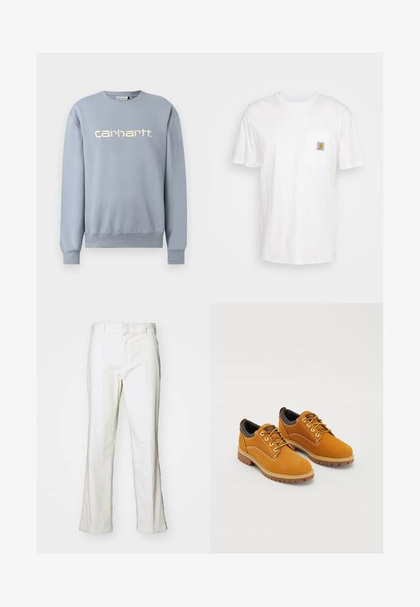 Sweatshirt Carhartt bleu clair à col rond, manches longues avec poignets et ourlet côtelés, arborant le nom de la marque brodé en blanc sur la poitrine.; T-shirt en coton blanc à manches courtes, avec une poche poitrine et un petit patch logo carré en orange et blanc sur la poche.; Pantalons en coton blanc avec une coupe droite, dotés d'une taille et de poches standard. Le tissu semble lisse et légèrement texturé.; Chaussures en daim marron avec un bout rond, des lacets jaunes, un col rembourré noir et des semelles en caoutchouc avec des rainures de traction.