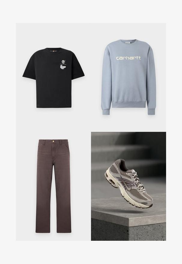 Hellblaues Carhartt Rundhalsshirt mit langen Ärmeln und gerippten Bündchen und Saum, mit weiß gesticktem Markennamen auf der Brust.; Schwarzes Baumwoll-T-Shirt mit kurzen Ärmeln, ausgestattet mit einem weißen Logo und grafischem Design auf der Brust. Einfacher, lockerer Schnitt.; Braune Hosen mit geradem Bein, vorderen Taschen, Gürtelschlaufen und einem goldenen Knopfverschluss.; Grau-beiger Nike-Laufschuh, der in der Luft über einer Betonbrüstung schwebt, mit verschwommenen Treppen im Hintergrund.