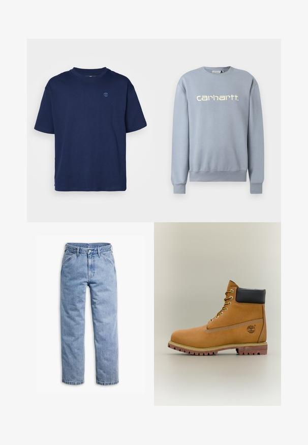 Sudadera Carhartt azul claro con cuello redondo, mangas largas y puños y bajo acanalados, con el nombre de la marca bordado en blanco en el pecho.; Camiseta de algodón de color azul marino con cuello redondo, mangas cortas y un pequeño logo tonal en el pecho. Corte casual, textura suave.; Vaqueros de mezclilla azul claro de pierna recta con cierre frontal de botón y cremallera, trabillas para cinturón y bolsillos delanteros inclinados.; Bota de tobillo de cuero marrón con cuello negro, cordones amarillos y suela beige. Presenta un logotipo y detalles de costura blanca. Suela exterior con tracción robusta.