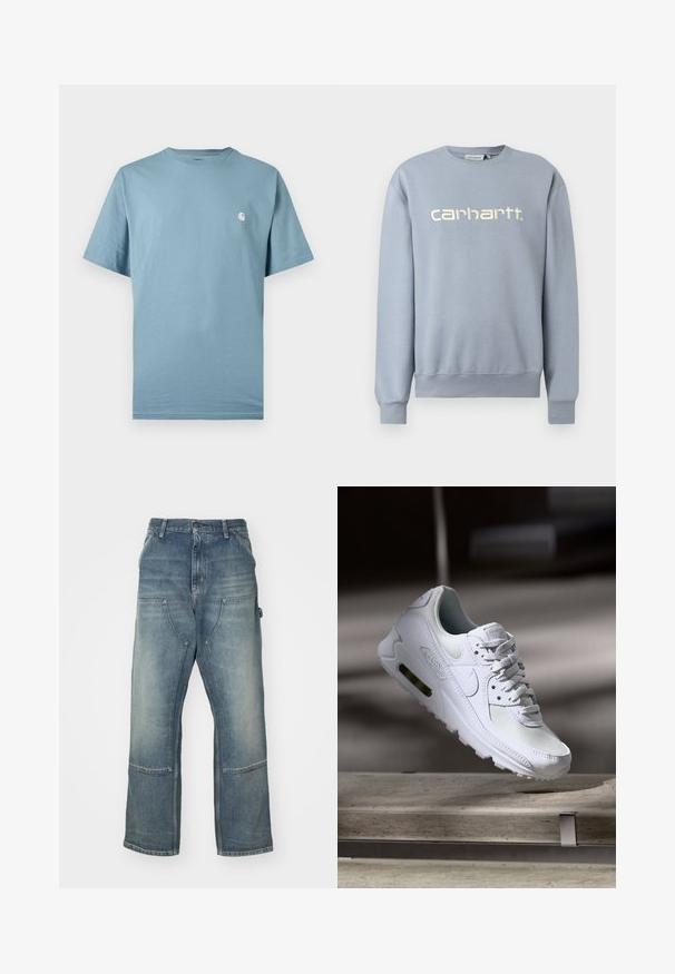 Lichtblauwe Carhartt crewneck trui met lange mouwen en geribbelde boorden en zoom, met witte geborduurde merknaam op de borst.; Lichtblauw T-shirt met korte mouwen en ronde hals, met een klein wit logo op de linkerborst, weergegeven tegen een effen achtergrond.; Lichtblauwe jeans met een relaxte pasvorm, gemaakt van denim. Heeft wijde broekspijpen, grote voorkruiszakken en contrasterende stikdetails.; Witte Nike Air Max 90 sneaker met een bovenwerk van mesh en leer, een geperforeerde teenbox en een zichtbare luchtunit in de hiel.