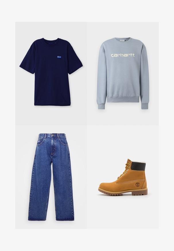 Lichtblauwe Carhartt crewneck trui met lange mouwen en geribbelde boorden en zoom, met witte geborduurde merknaam op de borst.; Marineblauwe katoenen t-shirt met een ronde hals, korte mouwen en een klein rechthoekig merketiket in blauw en wit op de linkerborst.; Wijd gesneden, blauwe denim jeans met een hoge taille, voorzien van vijf zakken, een knoopsluiting en subtiele vervaging voor textuur.; Bruine leren enkellaars met metalen oogjes, witte faux bont voering, zwarte gewatteerde kraag, robuuste zool en een reliëflogo aan de zijkant.