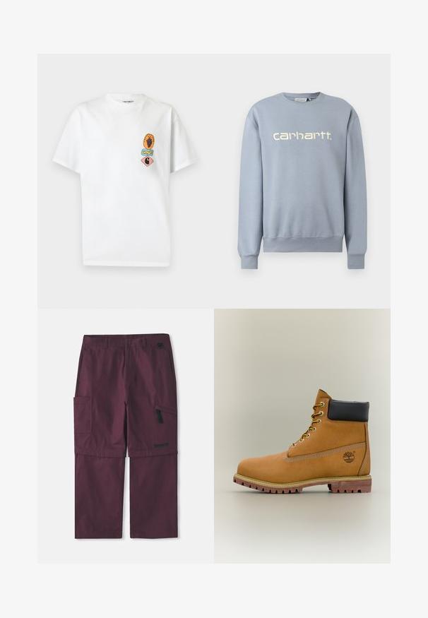 Light blue Carhartt crewneck sweatshirt with long sleeves and ribbed cuffs and hem, featuring white embroidered brand name on the chest.; White short-sleeve T-shirt with small colorful graphic patches on left chest, including grapes, text, and a stylized "C" logo.; Burgundy cargo convertible pants with side zipper pocket and Timberland logo on the right leg, extended inseam shown.; Brown leather ankle boot with black collar, yellow laces, and tan sole. Features logo and white stitching detail. Rugged traction outsole.