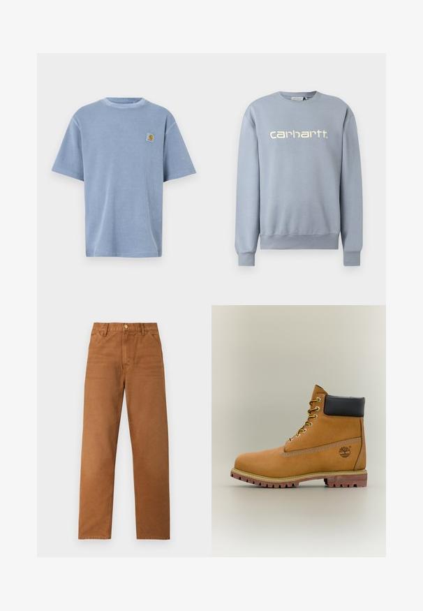 Ανοιχτό μπλε φούτερ Carhartt με στρογγυλή λαιμόκοψη, μακριά μανίκια και ριμπ μανσέτες και τελείωμα, με το λευκό κεντημένο όνομα της μάρκας στο στήθος.; Ανοιχτό μπλε κοντομάνικο μπλουζάκι με υφή ριμπ και κεντημένο λογότυπο στο αριστερό στήθος. Στρογγυλή λαιμόκοψη.; Καφέ παντελόνι με ίσια γραμμή, ζωνάκια για ζώνη, εμπρόσθιες τσέπες και κλείσιμο με κουμπί, απεικονιζόμενο σε απλό φωτεινό φόντο.; Καφέ δερμάτινο μποτάκι αστραγάλου με μαύρο γιακά, κίτρινα κορδόνια και ταμπά σόλα. Διαθέτει λογότυπο και λευκή ραφή για λεπτομέρεια. Ανθεκτική εξωτερική σόλα με τραχύ πέλμα.