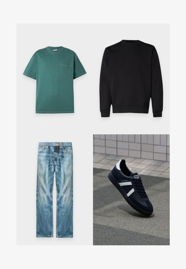 Zwarte sweatshirt gemaakt van zachte stof, met een ronde halslijn, lange mouwen en ribgebreide manchetten en onderzoom voor een aansluitende look.; Tegengestelde kleur teal T-shirt met korte mouwen, witte stiksels en een borstzak aan de linkerkant, tentoongesteld tegen een eenvoudige witte achtergrond.; Lichtblauwe verouderde spijkerbroek met rechte pijpen, voorzakken, riemlussen en een knoopsluiting.; Zwarte leren sneaker met witte strepen, een gestructureerde rubberen zool en vetersluiting aan de voorkant. Voorzien van een merklabel op de tong.