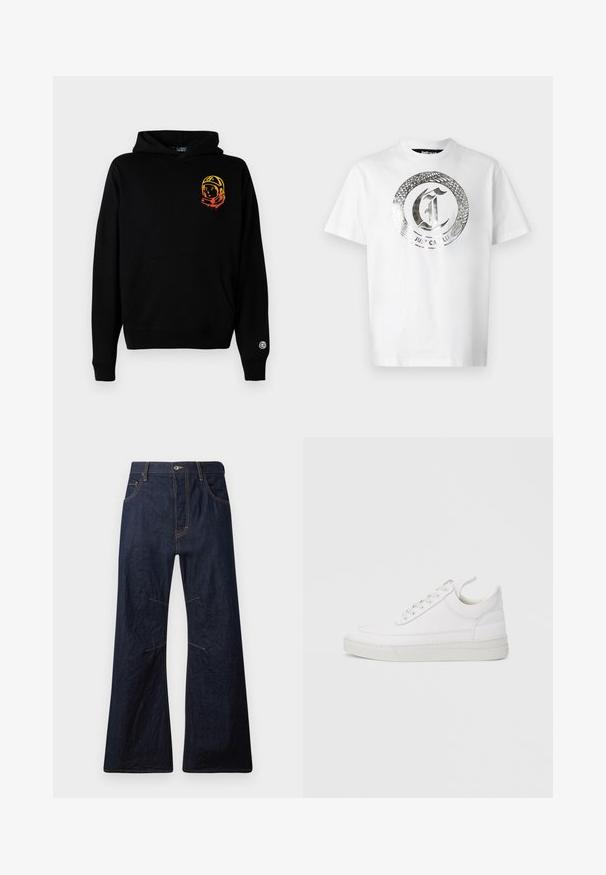 Sort hættetrøje lavet af blødt stof, med en frontlomme, ribbede manchetter og et astronautgrafik i orange og gul på venstre bryst.; Hvid bomulds t-shirt med et stort sølvfarvet rundt grafisk tryk med en slange og teksten "JUST CAVALLI" i midten. Korte ærmer, rund hals.; Mørkeblå denim flared jeans med gul syning, fem lommer og lynlåsgylf. Har vandrette sømme over knæene.; Hvid lædersneaker med rundet tå, flad sål og snørebånd foran. Har syningsdetaljer og polstret krave for komfort.