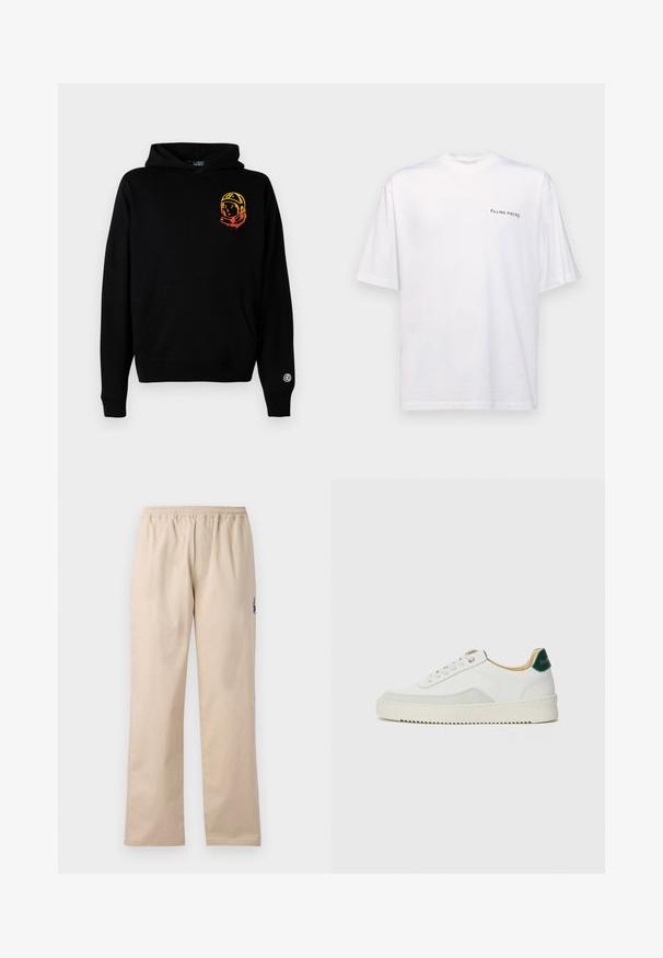 Sort hættetrøje lavet af blødt stof, med en frontlomme, ribbede manchetter og et astronautgrafik i orange og gul på venstre bryst.; Hvid kortærmet t-shirt i bomuld med v-hals, med et sort "FILLING PIECES" logo trykt på venstre side.; Beige, letvægts, vævede bukser med elastisk talje. Har lige ben og et lille broderet logo på siden.; Hvide sneakers med ruskindsdetaljer, rund tå, flade snørebånd og en cremet gummisål. Har grøn branding på hælen.