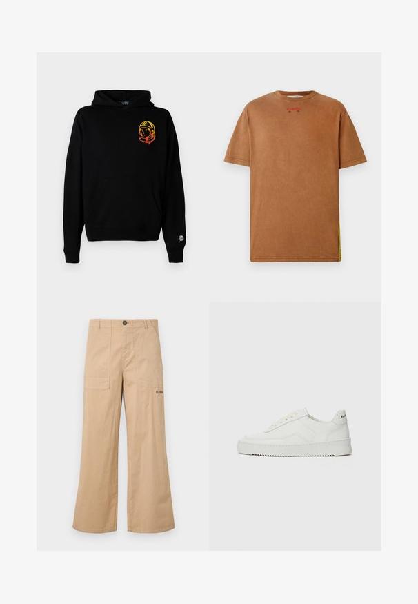 Hoodie noir en tissu doux, avec une poche frontale, des poignets côtelés et un graphisme d'astronaute en orange et jaune sur la poitrine gauche.; Iceberg T-shirt imprimé - nocciola; Pantalons cargo larges en coton beige avec des poches avant et un logo sur la poche arrière. Tissu léger avec une texture douce.; Baskets en cuir blanc avec une finition lisse, bout arrondi, lacets plats et semelle texturée. Présente un logo discret sur le talon.
