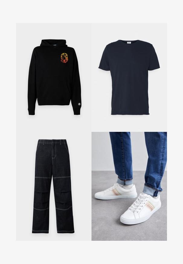 Zwarte hoodie van zacht materiaal, met een frontzak, ribbelmanchetten en een astronautenafbeelding in oranje en geel op de linkerkant van de borst.; Navyblauwe katoenen t-shirt met ronde hals en korte mouwen, met een gladde textuur en eenvoudig ontwerp, zonder zichtbare patronen of accenten.; Donker denim wijduitlopende broeken met een hoge taille, voorzien van contrasterende stiksels en gelaagde zakken over de dijen.; Witte leren sneakers met meerkleurige strepen, vetersluiting, rubberen zool en gevoerd kraagje, gecombineerd met blauwe spijkerbroek.
