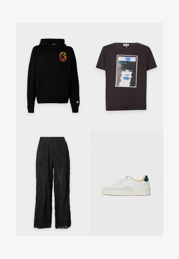 Hoodie noir en tissu doux, avec une poche frontale, des poignets côtelés et un graphisme d'astronaute en orange et jaune sur la poitrine gauche.; T-shirt en coton noir avec un design graphique représentant le visage d'une femme avec des lèvres bleues, de grands yeux bleus et un cœur, encadré dans un rectangle blanc.; Pantalons larges en lin noir avec une finition texturée. Dotés d'une taille élastique et de plis discrets.; Baskets blanches avec des accents en daim, bout arrondi, lacets plats et semelle en caoutchouc crème. Présente une marque verte sur le talon.