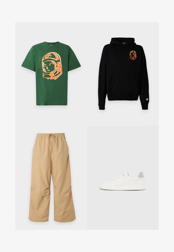 Sudadera negra de tela suave, con un bolsillo frontal, puños acanalados y un gráfico de astronauta en naranja y amarillo en el lado izquierdo del pecho.; Camiseta de algodón verde con un gran gráfico de un astronauta naranja en el frente, de manga corta y con un corte relajado.; Pantalones de pierna ancha beige, hechos de tela ligera, con una cintura elástica y cordón, y detalles cosidos cerca del dobladillo.; Zapatilla blanca de corte bajo con pestaña en el talón gris, cordones blancos y suela texturizada, presentada sobre un fondo claro y liso.