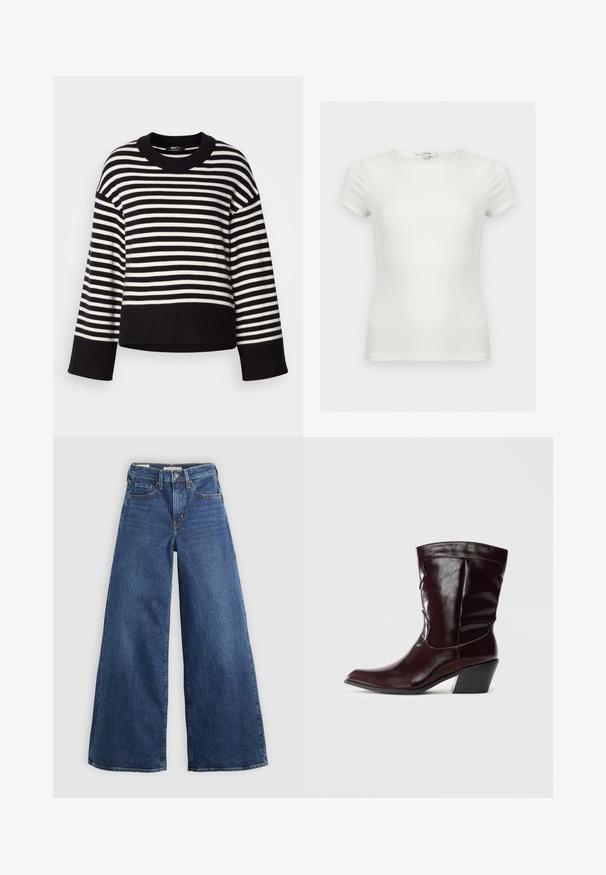 Stribet sweater i sort og hvid, har en rund halsudskæring, løs pasform og ribbede manchetter, lavet af blødt strikmateriale.; Plain hvid tætsiddende t-shirt med korte ærmer og rund halsudskæring, vist på en neutral baggrund.; Bredde jeans i blå denim med fem lommer, knaplukning og kontraststing, der har en blød og tekstureret overflade.; Bordeaux læder ankelstøvler med spids tå, tekstureret overflade og en lav, taperet hæl. Har diskrete søm og en tætsiddende pasform.