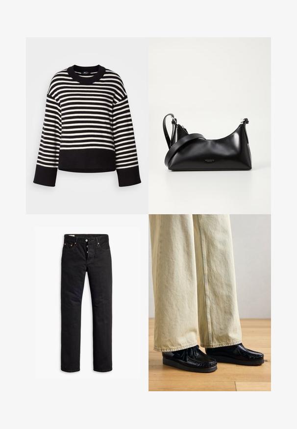 Gestreifter Pullover in Schwarz und Weiß, mit Rundhalsausschnitt, lockerer Passform und gerippten Bündchen, aus weichem Strickmaterial gefertigt.; Schwarze Denim-Jeans mit geradem Schnitt, Fünf-Taschen-Design und Knopfverschluss. Mit Kupfennieten und Nähtelementen.; Schwarze Lackleder-Schuhe mit einer strukturierten Plateausohle, ausgestattet mit einer Schnürung und gestickten Details. Getragen mit hellbeigen weiten Hosen.; Schwarze lederne Handtasche mit glatter Textur. Verfügt über einen verstellbaren Riemen und ein elegantes, minimalistisches Design mit einem Reißverschluss.