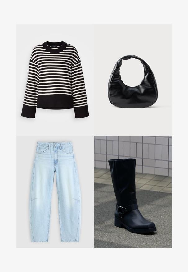 Gestreifter Pullover in Schwarz und Weiß, mit Rundhalsausschnitt, lockerer Passform und gerippten Bündchen, aus weichem Strickmaterial gefertigt.; Hellblaue Denim-Jeans mit relaxed Fit, hoher Taille, Fünf-Taschen-Design und subtilen Ausbleichungen sowie ausgefransten Saumdetails.; Schwarzer Lederstiefel bis zur Mitte der Wade mit niedrigem Blockabsatz und dekorativem Riemen mit Metallschnalle um den Knöchel, auf einem gefliesten Gehweg.; Schwarze Kunstleder-Handtasche mit einzigartiger Halbmondform, einem breiten, gepolsterten Henkel und einem Reißverschluss. Glatte, glänzende Textur, minimalistisches Design.