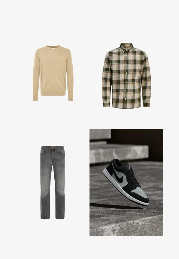 Pull en tricot beige clair avec des manches longues, un col rond et une texture douce. Il présente un motif subtil et une petite étiquette au niveau de l'ourlet.; Chemise à boutons en plaid vert, beige et gris. Avec un col et des manches longues. Fabriquée dans un tissu doux et texturé.; Jean droit pour homme en denim noir délavé, avec fermeture à bouton et à zip, poches avant et arrière, et passants de ceinture.; Baskets Nike noires et grises flottant au-dessus d'une surface en béton texturée avec des marches en pierre en arrière-plan.