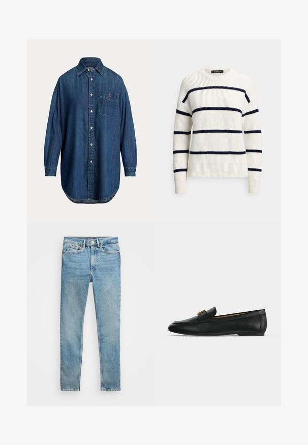 Hvid strikket sweater med marineblå horisontale striber, rund halsudskæring, ribbestrikkede manchetter og kant. Tekstureret stof med en afslappet pasform.; Langærmet blå denim knap-op skjorte med brystlomme med lille broderet logo og klassisk krave.; Lyseblå, slanke denim-jeans med fem lommer og metal knaplukning, lagt fladt på en hvid baggrund.; Sort læderloafer med guldfarvet metalspænde på toppen, flad sål og syning langs overkanten.