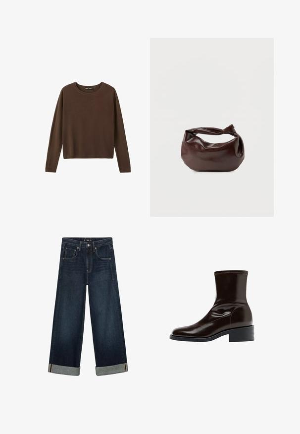 Brauner Pullover mit Rundhalsausschnitt und langen Ärmeln, schlichtes, einfarbiges Design mit geripptem Kragen, Bündchen und Saum.; Dunkelblaue Denim-Jeans mit einem weiten Bein-Design, mit umgeschlagenen Säumen, fünf Taschen und einem Knopfverschluss. Deutlich sichtbare, kräftige Nähte.; Dunkelbrauner Lederknöchelstiefel mit quadratischer Spitze, niedrigem Blockabsatz und gestepptem Detail entlang des oberen Randes, seitlich gezeigt.; Dunkelbraune Lederschultertasche mit weicher, lockerer Form und einem gedrehten Knotengriff vor schlichtem weißem Hintergrund.