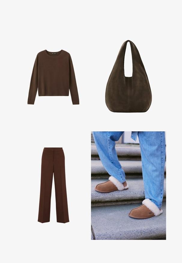 Brauner Pullover mit Rundhalsausschnitt und langen Ärmeln, schlichtes, einfarbiges Design mit geripptem Kragen, Bündchen und Saum.; Braune weit geschnittene Hosen mit glatter Textur, die einen strukturierten Taillenbund und subtile Falten auf der Vorderseite aufweisen.; Braune Wildlederschuhe mit weißem Fellfutter, runder Spitze und Gummisohle, kombiniert mit blauen Denim-Jeans auf Granitstufen.; Weiche dunkelbraune Wildleder-Hobo-Tasche mit breitem einzelnen Riemen und abgerundetem Boden auf weißem Hintergrund.