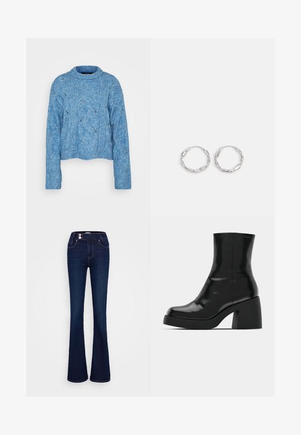 Vero Moda Tall VMLINA O NECK - Striktrøje - allure melange; Mørkeblå jeans med vidde, lavet af denim, med høj talje, to forlommer og lynlås- og knaplukning med kontrastsyning.; Sorte ankelstøvler med en blank finish, firkantet tå og en tyk blokhæl. Designet har en strømlinet silhuet og minimal branding.; Sølv hoops med en bølget, uregelmæssig tekstur. Har en tynd, cirkulær form og en reflekterende finish.