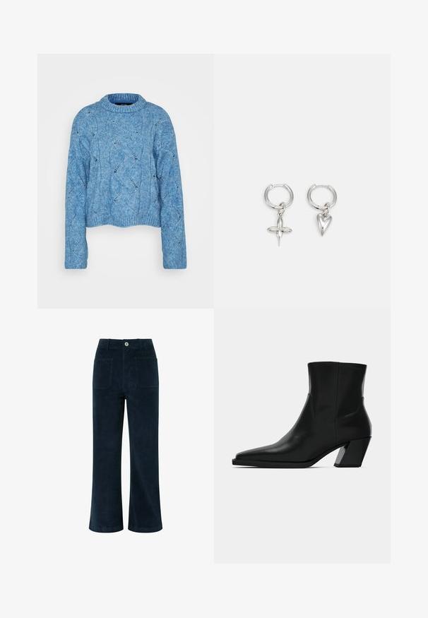 Vero Moda Tall VMLINA O NECK - Svetrík - allure melange; Námornícke modré kordové nohavice s vysokým pásom, širokým strihom, dvoma zadnými vreckami a predným zapínaním na gombík. Mäkká textúra s hladkým povrchom.; Čierna kožená členková topánka s špicatou špičkou, elegantným siluetou a masívnym štvorecovým podpätkom. Hladký povrch s minimálnymi švovými detailmi.; Strieborné kruhové náušnice s príveskom v tvare kríža a srdca. Hladký, lesklý povrch s lešteným dokončením. Každý prívesok visí na bezpečnej slučke.