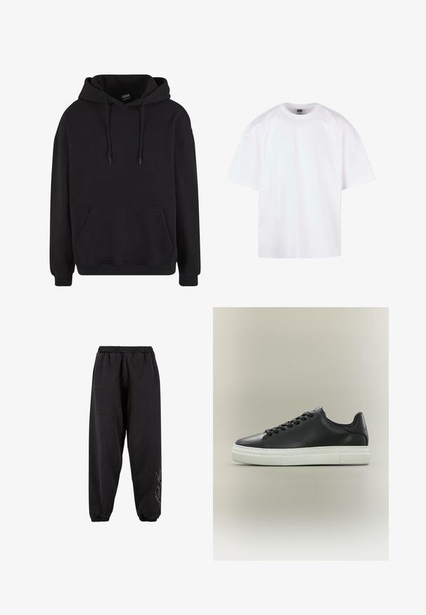 Sudadera con capucha negra hecha de mezcla de algodón. Cuenta con un bolsillo tipo canguro, cordones y puños acanalados. Diseño simple y sólido con un ajuste relajado.; Camiseta blanca de manga corta con diseño de cuello redondo, confeccionada en algodón, con un ajuste relajado y detalles mínimos de costura.; Pantalones de chándal negros hechos de una tela suave con una cintura elástica. Tobillos entallados y detalle de texto impreso en un lado. Corte casual y relajado.; Zapatilla deportiva baja de cuero negro con cordones negros y suela gruesa de goma blanca sobre un fondo neutro.