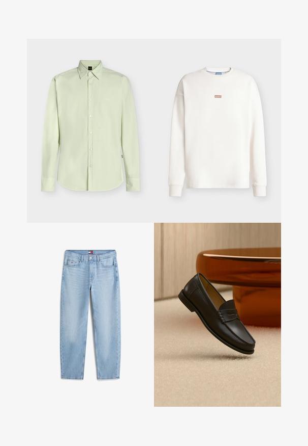 Sweat-shirt blanc à manches longues avec col rond, petit logo brun « HUGO » sur la poitrine et une étiquette bleue à l’intérieur du col.; Chemise boutonnée à manches longues vert clair avec col et logo discret « BOSS » sur la poitrine, présentée sur un fond uni.; Jean bleu clair évasé avec poches avant, passants de ceinture, fermeture par bouton et petit logo sur la poche avant droite.; Chaussure mocassin en cuir noir suspendue au-dessus d’un tapis beige avec du mobilier moderne couleur ambre en arrière-plan.