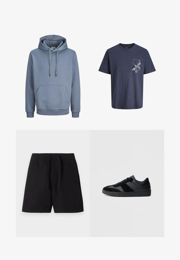 Sweat à capuche bleu clair avec poche kangourou à l'avant et cordons, poignets et ourlet côtelés, présenté sur fond blanc.; T-shirt bleu marine à manches courtes avec col rond et poche poitrine à motif floral sur fond blanc.; Shorts décontractés noirs avec ceinture élastique et cordon de serrage, poches avant et ourlet droit sur un fond uni.; Baskets noires combinant cuir lisse et daim, avec une semelle en caoutchouc noire texturée et un détail de rayures discrètes.