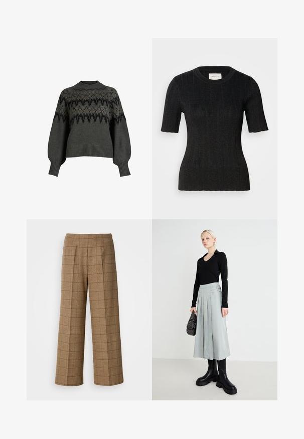 Grå strikket sweater med geometrisk mønster i sort og beige, ribbede manchetter og kant, med rund halsudskæring og let puffede ærmer.; Sort ribbet kortærmet top lavet af et tekstureret stof med subtil glans. Har en rund halsudskæring og tætsiddende silhuet. GANT label synlig.; Brune ternede bukser med vidde og skræddersyet pasform, der har et struktureret stof og forhåndsfolder for ekstra struktur.; Sort langærmet top, lys grå plisseret nederdel med dobbelte spænde detaljer, og sorte chunky-såle støvler; sølv- håndtaske med dekorationer.
