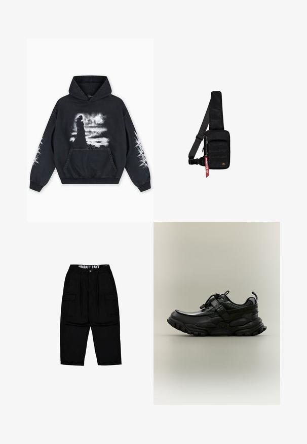Schwarzer Hoodie mit einem vorderen Grafikdruck einer Figur vor einem wolkigen Hintergrund. Enthält eine Kängurutasche und Sternmuster auf den Ärmeln.; Schwarze Cargo-Hose mit Gürtelschlaufen, Frontknopf, Reißverschluss, seitlichen Klappentaschen und dem Aufdruck "AIRCRAFT PANT" am inneren Bund.; Schwarzer klobiger Sportschuh mit verstellbarem Riemen, Schnürzug und robustem Profil, seitlich auf neutralem Hintergrund dargestellt.; Schwarze Umhängetasche aus strukturiertem Stoff. Ausgestattet mit einem Reißverschluss-Hauptfach, einer vorderen Tasche mit Gurtband, verstellbarem Riemen und einem dekorativen Anhänger.