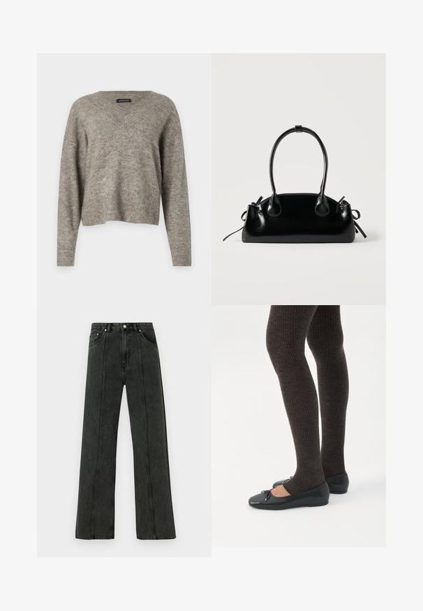 V-hals, langærmet sweater i lysegrå strikket stof med ribbet kant. Let vægt, let cropped design med afslappet pasform.; Højtaljede jeans med vide ben i mørkegråt denim. Har et klassisk fem-lomme-design og synlige syninger langs forreste sømme.; Ben iført mørke ribbede leggings kombineret med sorte balletsko med små sløjfedetaljer på hvid baggrund.; Lille sort blank håndtaske med to lange håndtag og snøre-detaljer i siden på en ensfarvet lys baggrund.