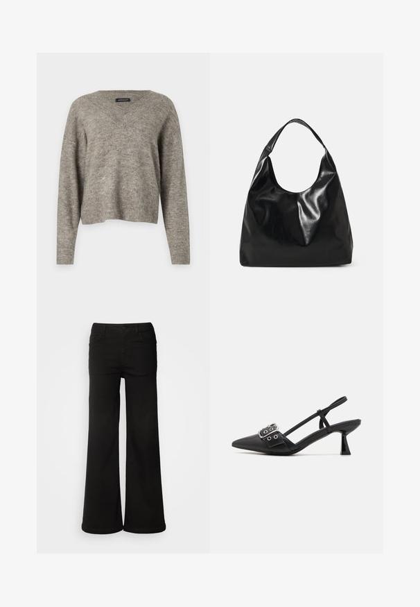 V-hals, langærmet sweater i lysegrå strikket stof med ribbet kant. Let vægt, let cropped design med afslappet pasform.; Sorte brede bukser lavet af denimstof, med frontlommer, knaplukning og en glat tekstur med en ren finish.; Simmi London DALA - Pumps - black; Sort læder hobo taske med en blød, skinnende tekstur og en rund, åben top. Har en bred, buet strop til bæring. Ingen synlig hardware.