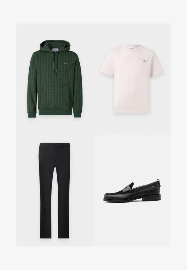 Sudadera verde con un patrón geométrico, capucha con cordón y puños acanalados. Logo de Lacoste en un color de contraste en el pecho.; Camiseta de algodón rosa claro con cuello redondo, mangas cortas y un logo bordado de Lacoste en verde en el pecho. Textura suave.; Pantalones negros con diseño de pierna recta, confeccionados en una tela suave. Presenta bolsillos frontales, cierre de botón y trabillas para cinturón.; Mocasín de cuero negro con detalle de tira gris, tacón bajo y suela texturizada, con la marca "HUGO" en oro en el lateral.