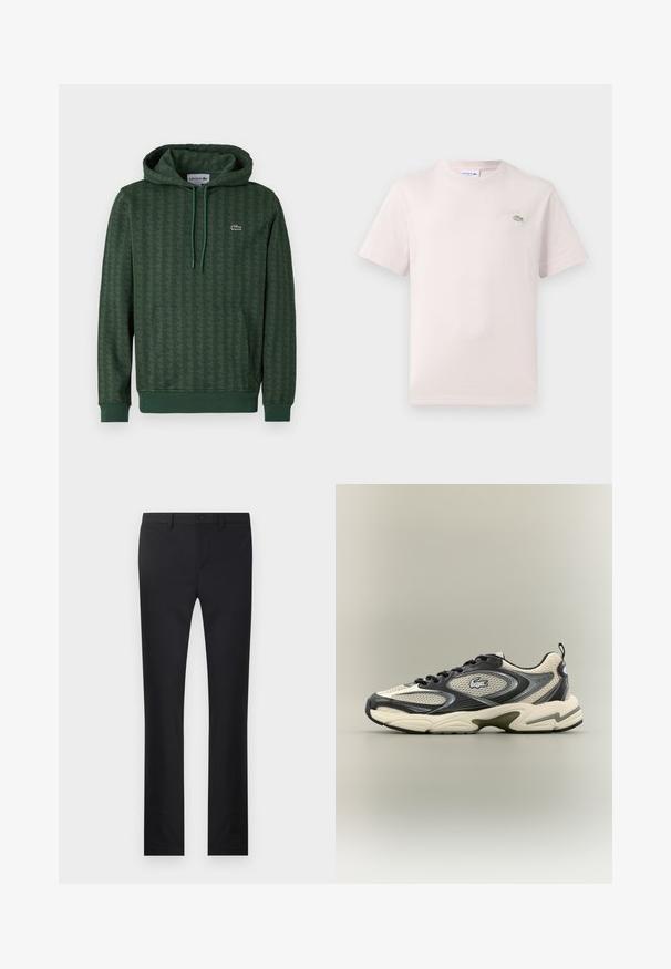 Groene hoodie met een geometrisch patroon, trekkoordcapuchon en ribgebreide manchetten. Lacoste-logo in contrasterende kleur op de borst.; Lichtroze katoenen t-shirt met een ronde hals, korte mouwen en een geborduurd Lacoste-logo in het groen op de borst. Zachte textuur.; Zwarte broek met een rechtlopende pasvorm, gemaakt van soepel materiaal. Voorzien van zakken aan de voorkant, een knoopsluiting en riemlussen.; Zwarte en crème sport sneaker met bovenwerk van mesh, rubberen zool en opvallend logo-detail. Rond neus met textuuraccenten.