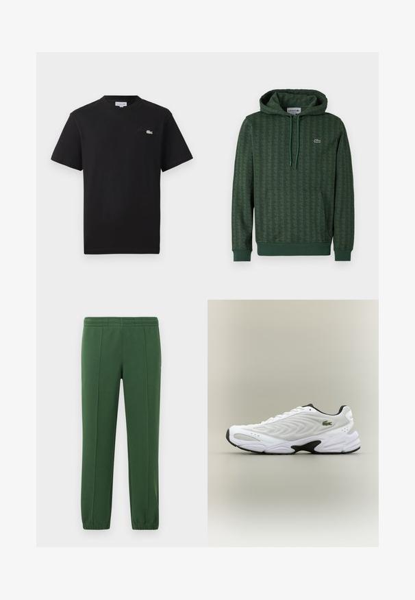Sudadera verde con un patrón geométrico, capucha con cordón y puños acanalados. Logo de Lacoste en un color de contraste en el pecho.; Camiseta de algodón negra con cuello redondo. Presenta un pequeño logo de Lacoste bordado en verde y blanco en el pecho. Mangas cortas, corte regular.; Pantalones de chándal verdes hechos de una tela suave; cuentan con una cintura elástica, perneras ajustadas y un pequeño logo en el lado.; Zapatilla deportiva blanca con parte superior de malla texturizada, diseño curvado y suela exterior negra en contraste. Presenta un logo verde bordado en el lateral.