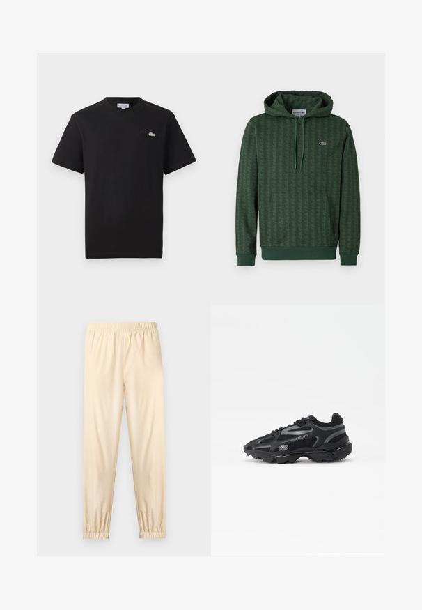 Sudadera verde con un patrón geométrico, capucha con cordón y puños acanalados. Logo de Lacoste en un color de contraste en el pecho.; Camiseta de algodón negra con cuello redondo. Presenta un pequeño logo de Lacoste bordado en verde y blanco en el pecho. Mangas cortas, corte regular.; Pantalones de cintura elástica color beige claro con puños fruncidos, ajuste recto y tela suave, mostrados sobre un fondo liso claro.; Zapatillas deportivas negras con parte superior de malla y sintético. Presentan una suela texturizada, acentos reflectantes y talón reforzado.