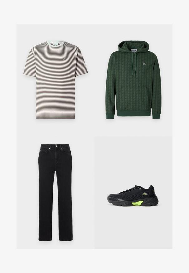 Groene hoodie met een geometrisch patroon, trekkoordcapuchon en ribgebreide manchetten. Lacoste-logo in contrasterende kleur op de borst.; T-shirt met korte mouwen en ronde hals in bruin en wit met horizontale strepen en een klein groen krokodillenlogo op de linkerborst.; Zwarte, hoog getailleerde jeans met rechte pijpen, voor- en achterzakken, zilveren knoopsluiting en lussen voor een riem, op een witte achtergrond.; Zwarte sneaker met een golvende gaasontwerp, met een groene accent op de zool en een merkl logo. Zachte rubberen zool, lichte constructie.